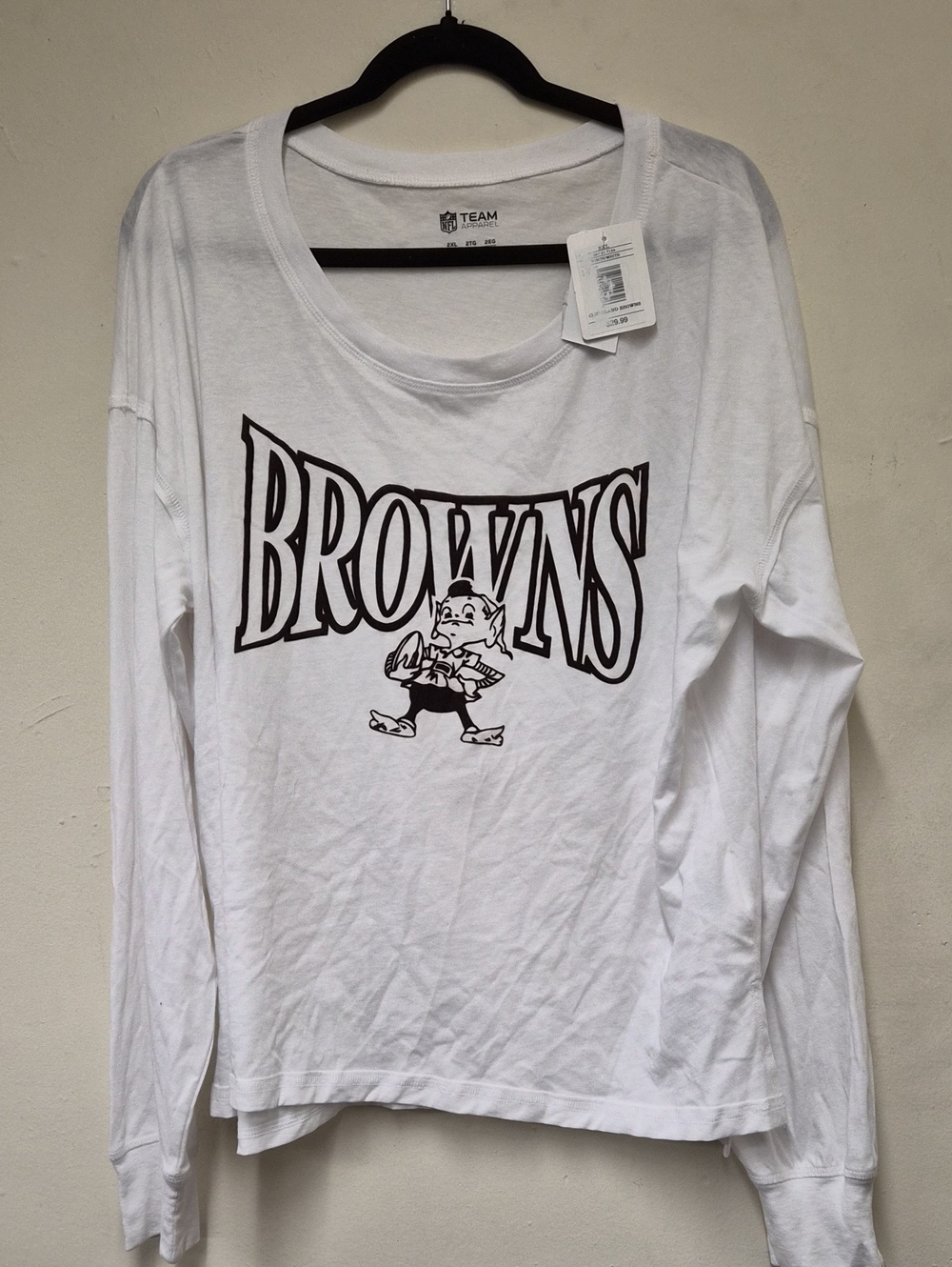 MopNFL White Browns Long Sleeve Women's Tee with Team Mascot Graphic | Size 2XL